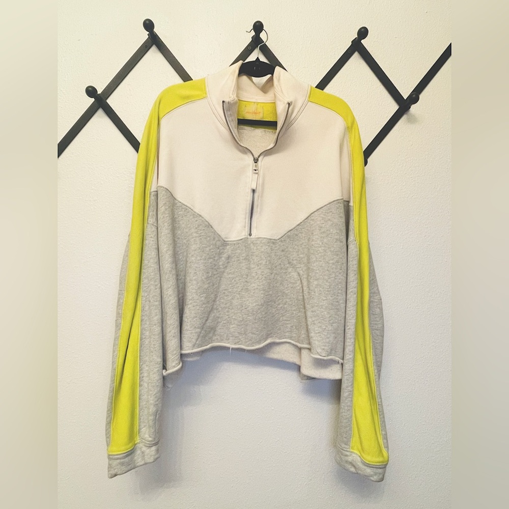 Free People Split Second Half Zip Pullover | Size Large | Grey + Lime Colorway
